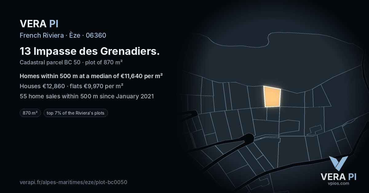 13 Impasse des Grenadiers, Èze at night – the plot lit, the parcels around coloured by the prices near them