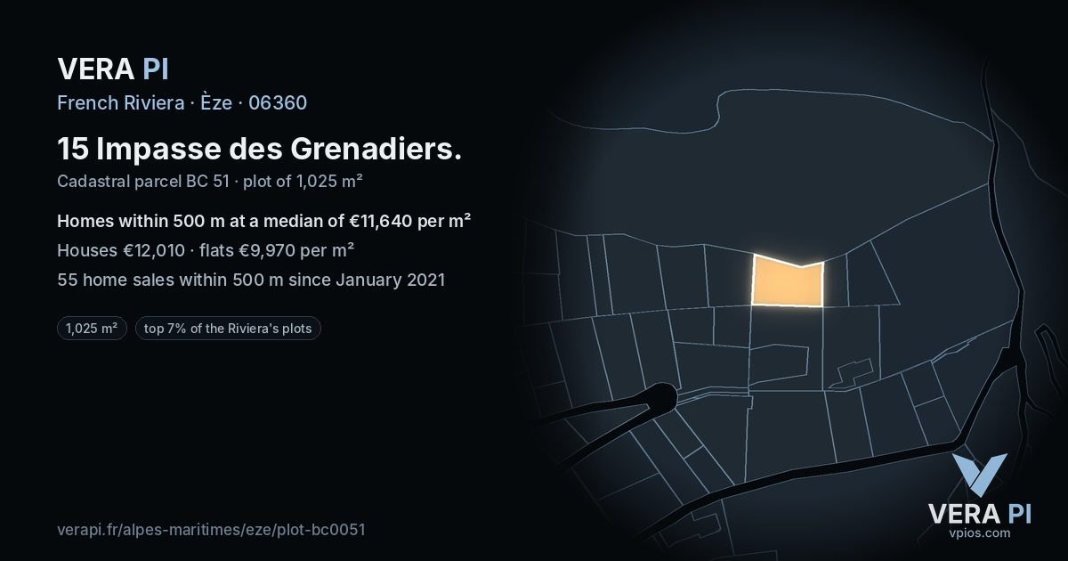 15 Impasse des Grenadiers, Èze at night – the plot lit, the parcels around coloured by the prices near them