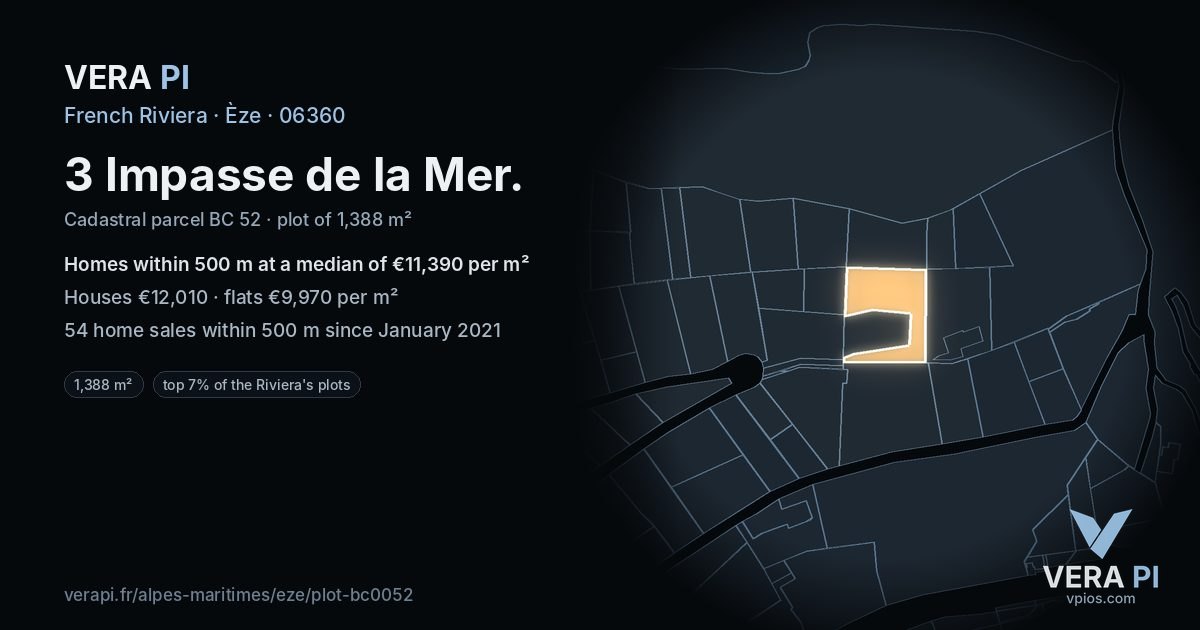 3 Impasse de la Mer, Èze at night – the plot lit, the parcels around coloured by the prices near them