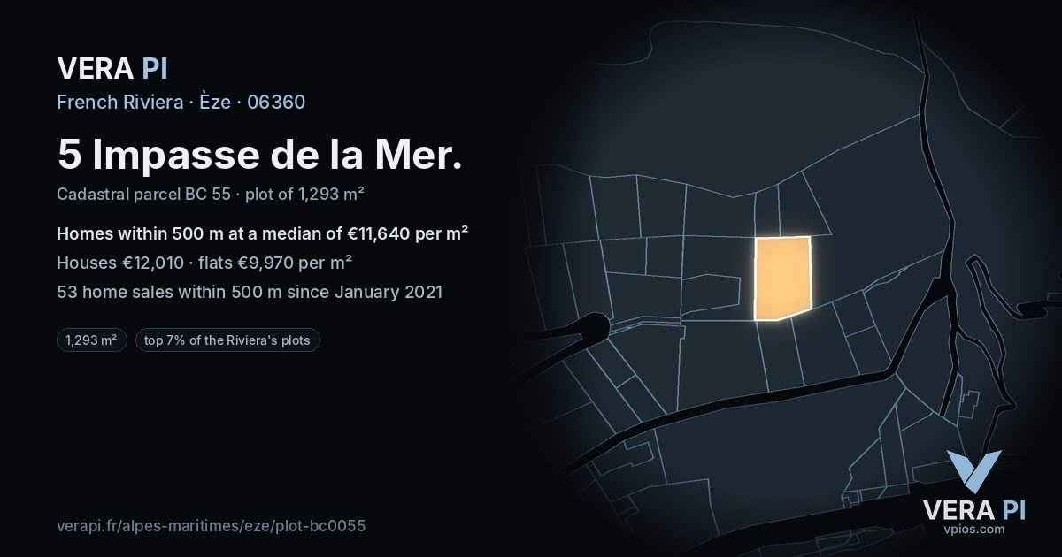 5 Impasse de la Mer, Èze at night – the plot lit, the parcels around coloured by the prices near them