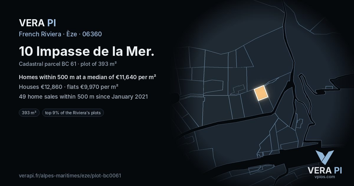 10 Impasse de la Mer, Èze at night – the plot lit, the parcels around coloured by the prices near them