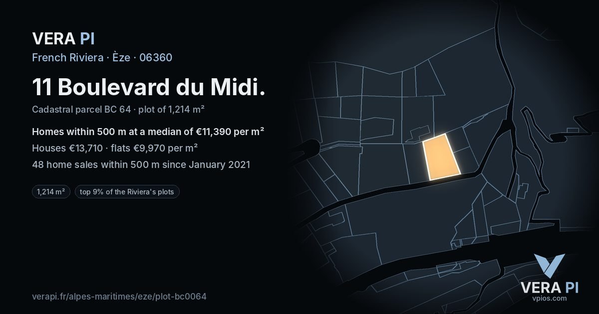 11 Boulevard du Midi, Èze at night – the plot lit, the parcels around coloured by the prices near them