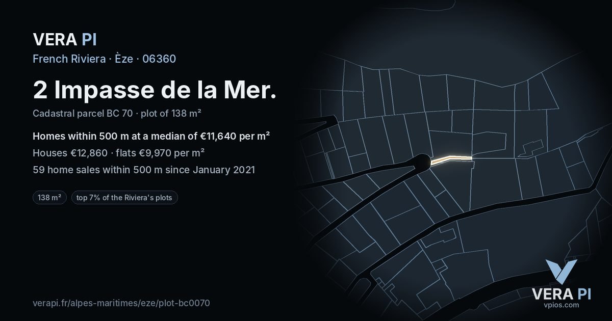 2 Impasse de la Mer, Èze at night – the plot lit, the parcels around coloured by the prices near them