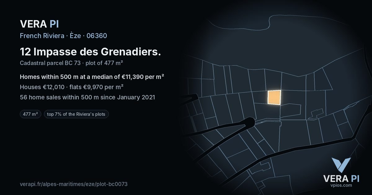 12 Impasse des Grenadiers, Èze at night – the plot lit, the parcels around coloured by the prices near them