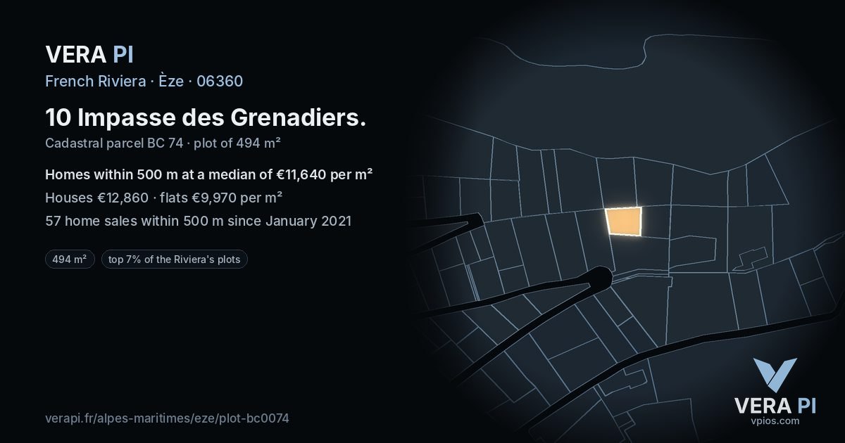 10 Impasse des Grenadiers, Èze at night – the plot lit, the parcels around coloured by the prices near them