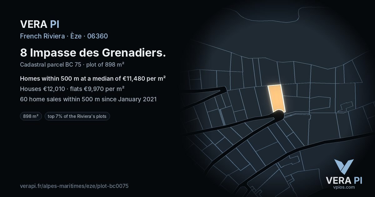 8 Impasse des Grenadiers, Èze at night – the plot lit, the parcels around coloured by the prices near them
