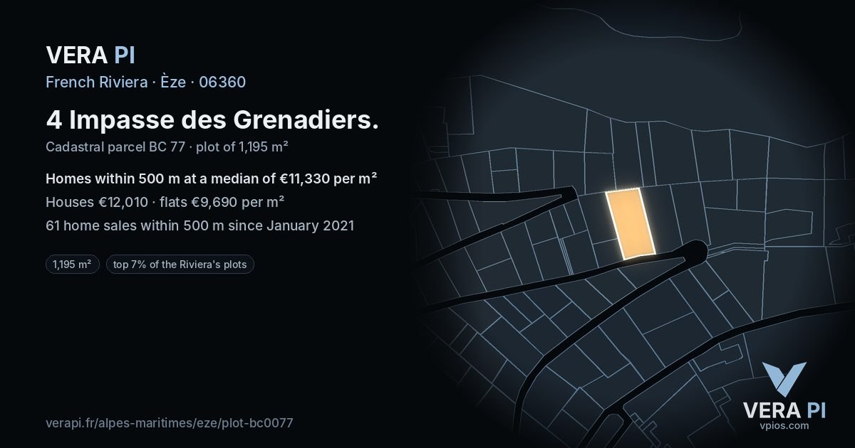 4 Impasse des Grenadiers, Èze at night – the plot lit, the parcels around coloured by the prices near them