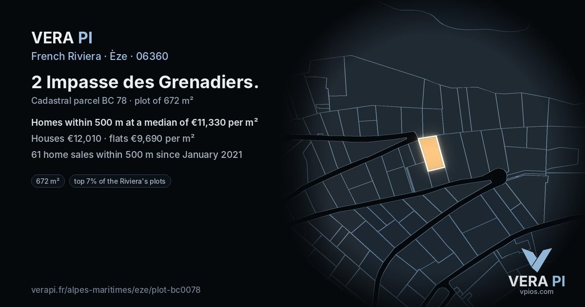 2 Impasse des Grenadiers, Èze at night – the plot lit, the parcels around coloured by the prices near them