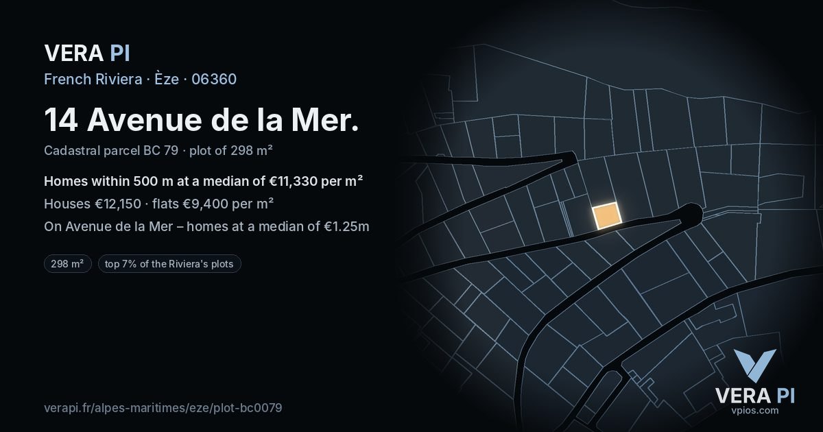 14 Avenue de la Mer, Èze at night – the plot lit, the parcels around coloured by the prices near them