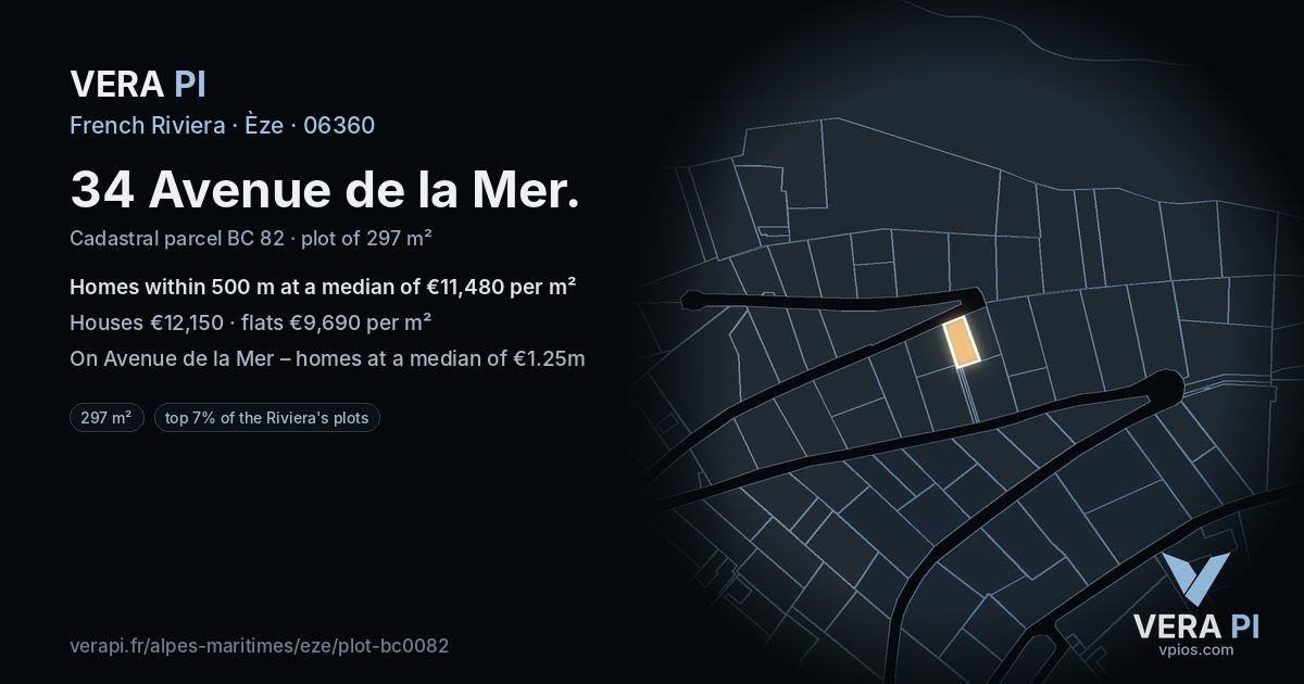 34 Avenue de la Mer, Èze at night – the plot lit, the parcels around coloured by the prices near them