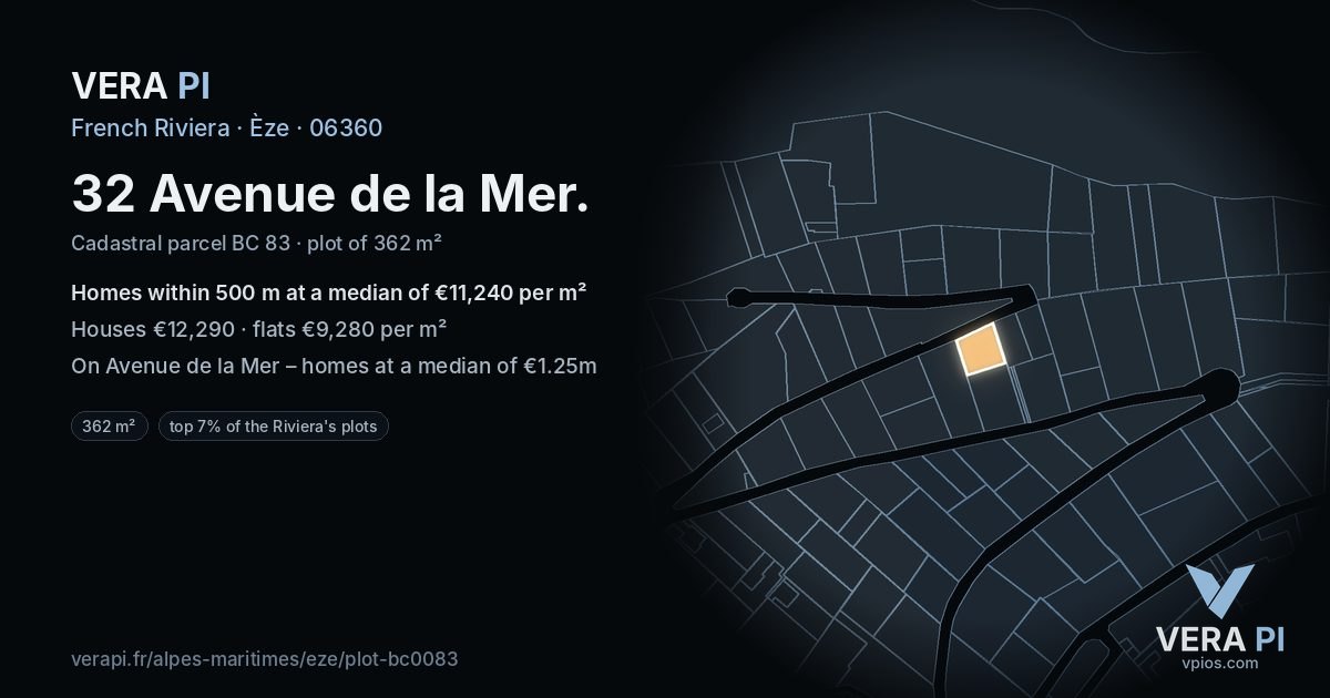 32 Avenue de la Mer, Èze at night – the plot lit, the parcels around coloured by the prices near them