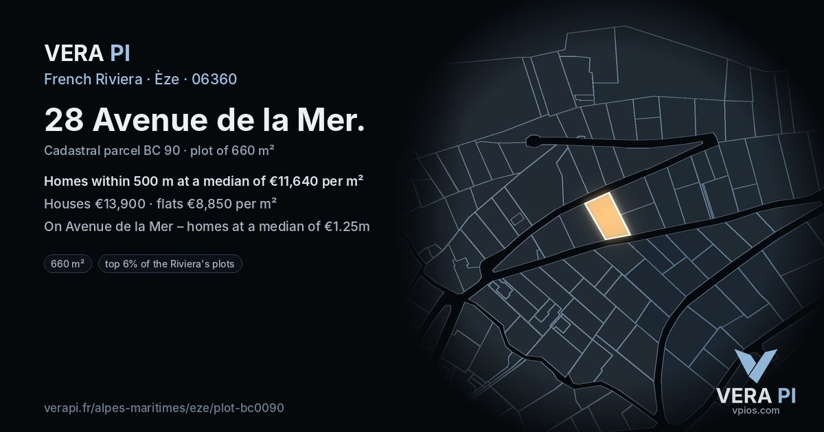 28 Avenue de la Mer, Èze at night – the plot lit, the parcels around coloured by the prices near them