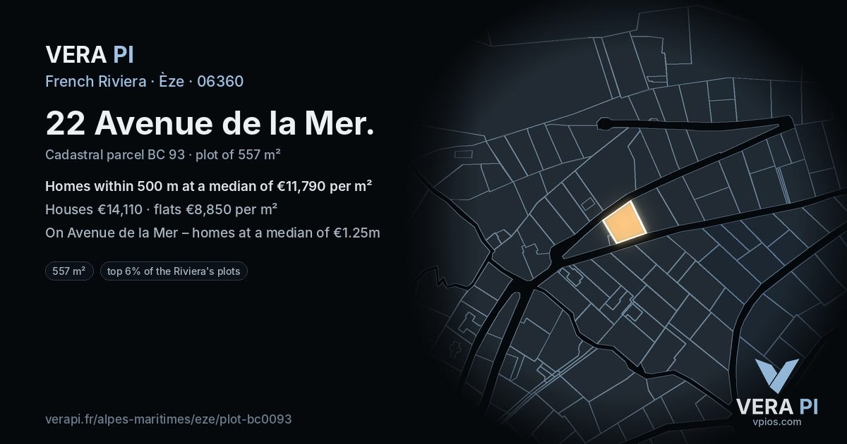 22 Avenue de la Mer, Èze at night – the plot lit, the parcels around coloured by the prices near them