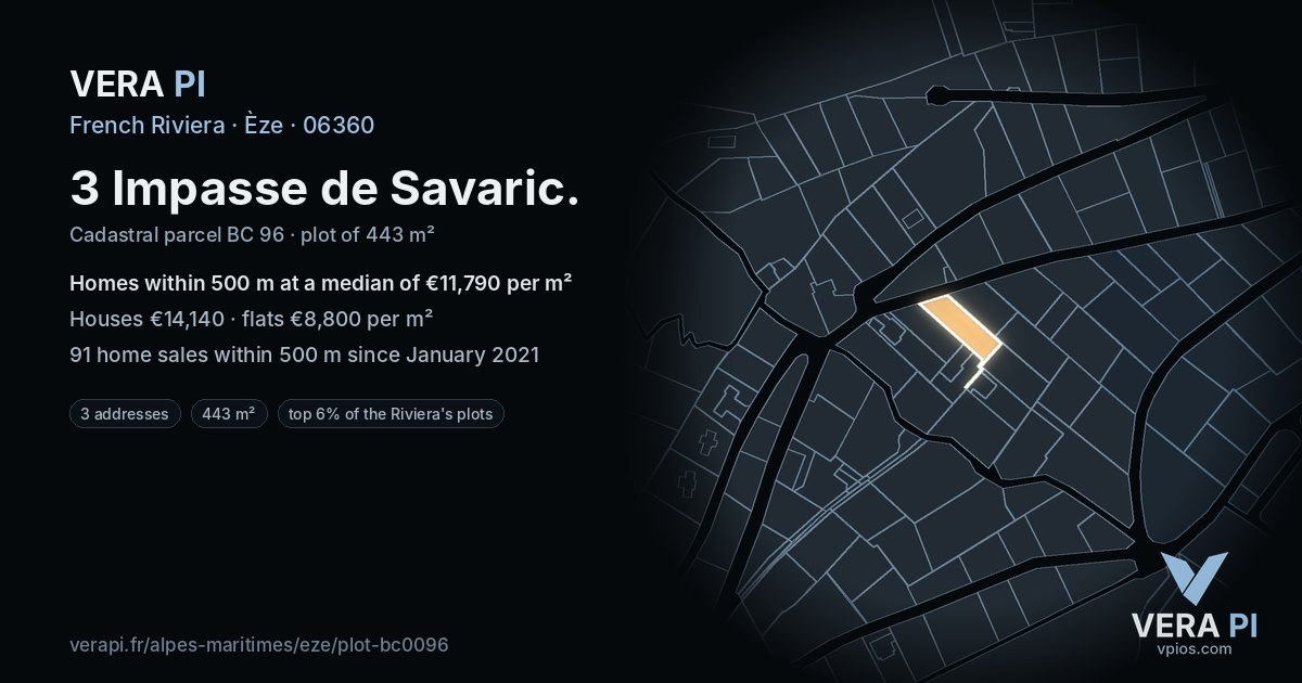 3 Impasse de Savaric, Èze at night – the plot lit, the parcels around coloured by the prices near them