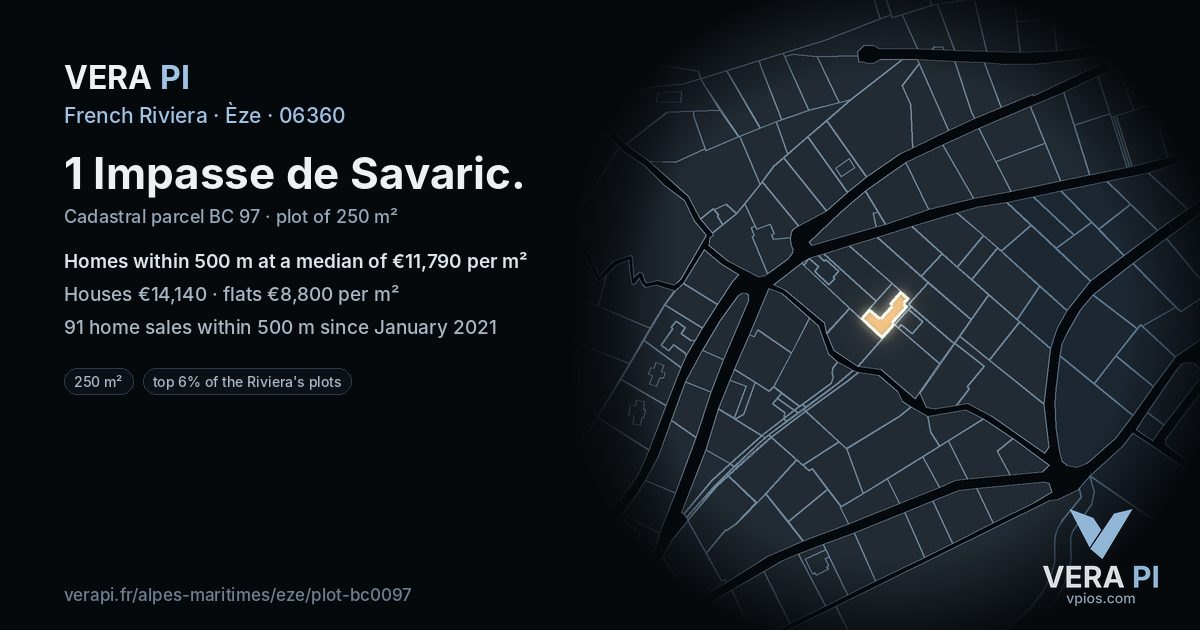 1 Impasse de Savaric, Èze at night – the plot lit, the parcels around coloured by the prices near them