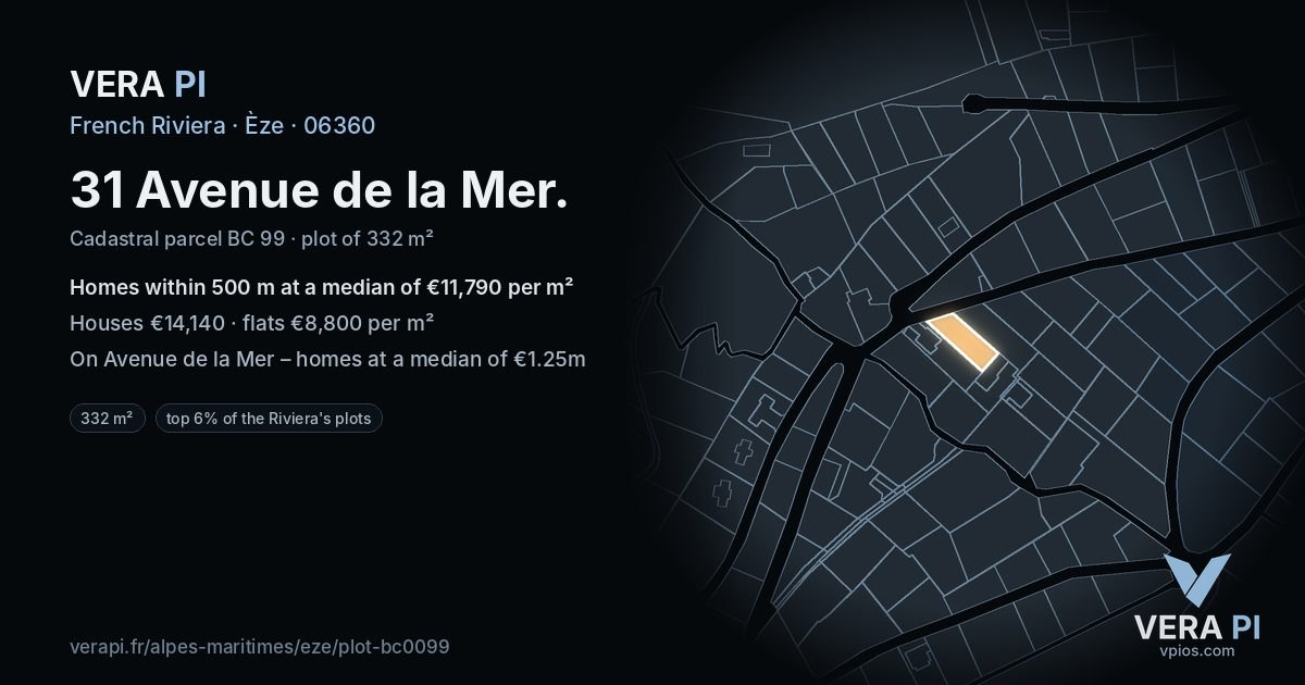 31 Avenue de la Mer, Èze at night – the plot lit, the parcels around coloured by the prices near them