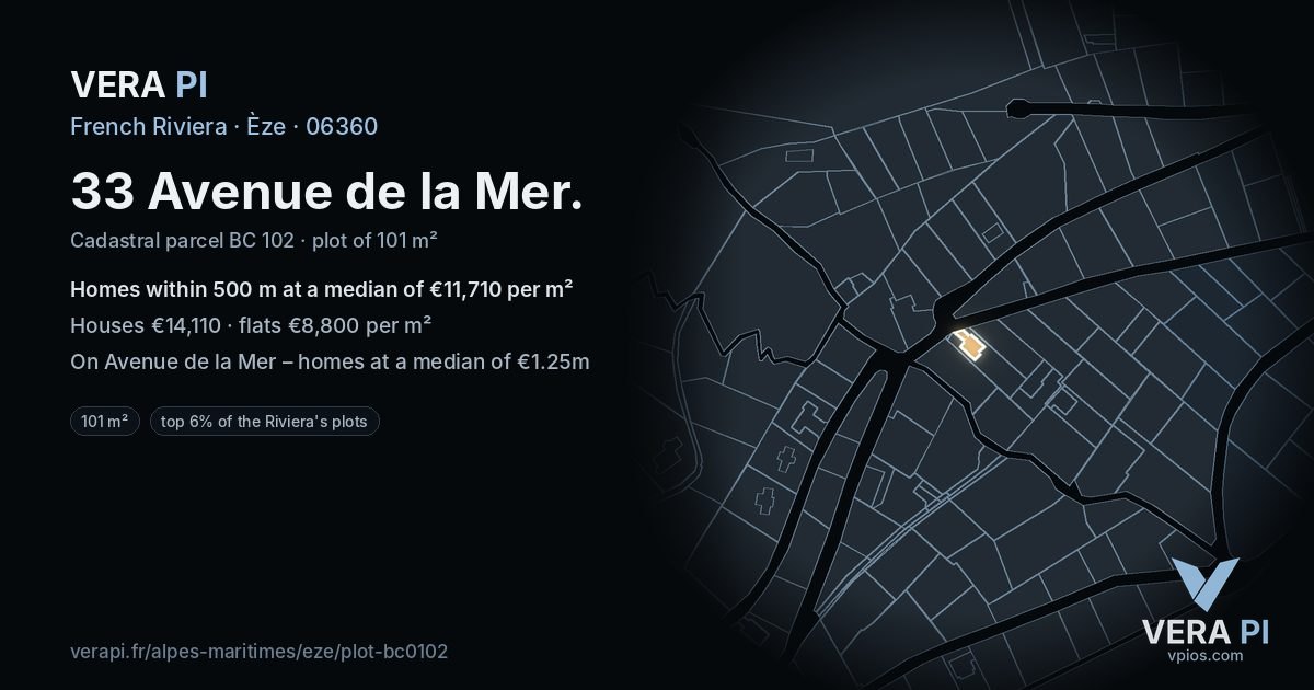 33 Avenue de la Mer, Èze at night – the plot lit, the parcels around coloured by the prices near them