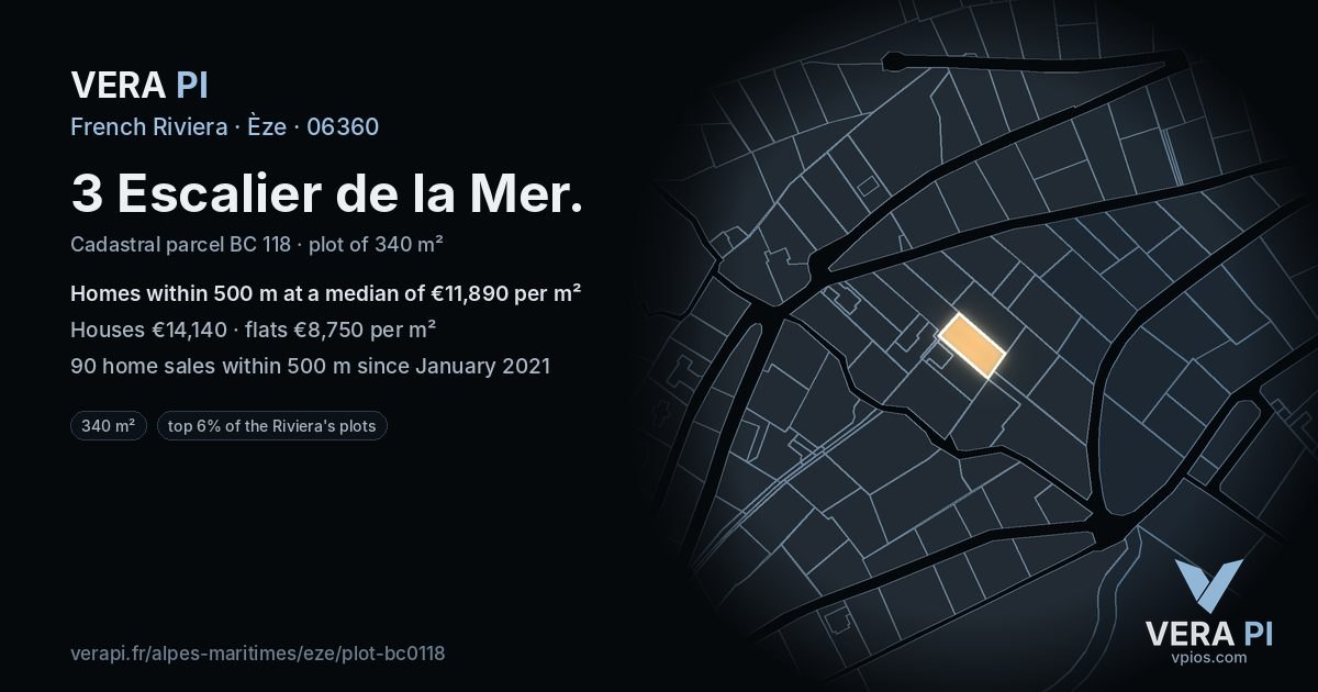 3 Escalier de la Mer, Èze at night – the plot lit, the parcels around coloured by the prices near them