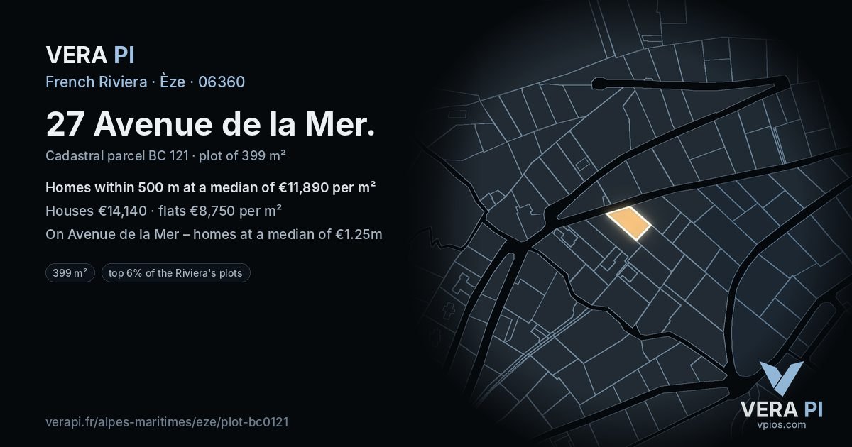 27 Avenue de la Mer, Èze at night – the plot lit, the parcels around coloured by the prices near them