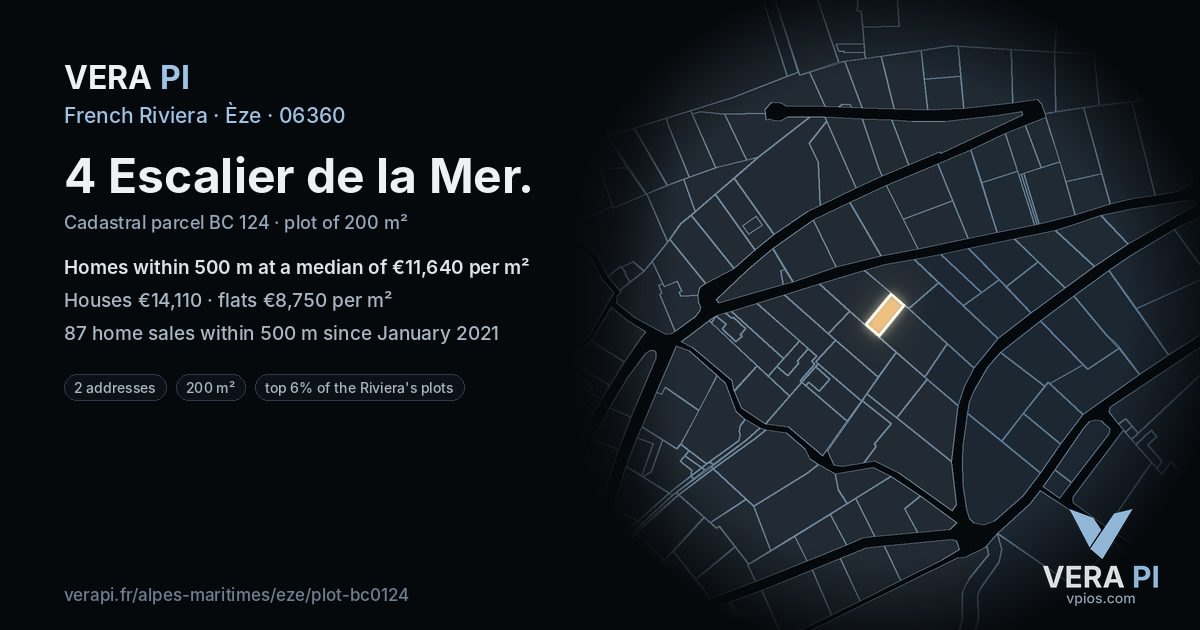 4 Escalier de la Mer, Èze at night – the plot lit, the parcels around coloured by the prices near them
