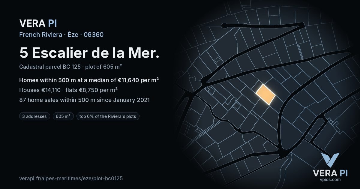 5 Escalier de la Mer, Èze at night – the plot lit, the parcels around coloured by the prices near them