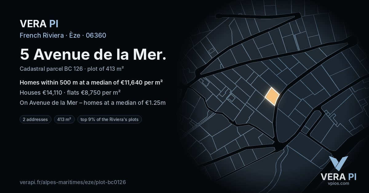 5 Avenue de la Mer, Èze at night – the plot lit, the parcels around coloured by the prices near them