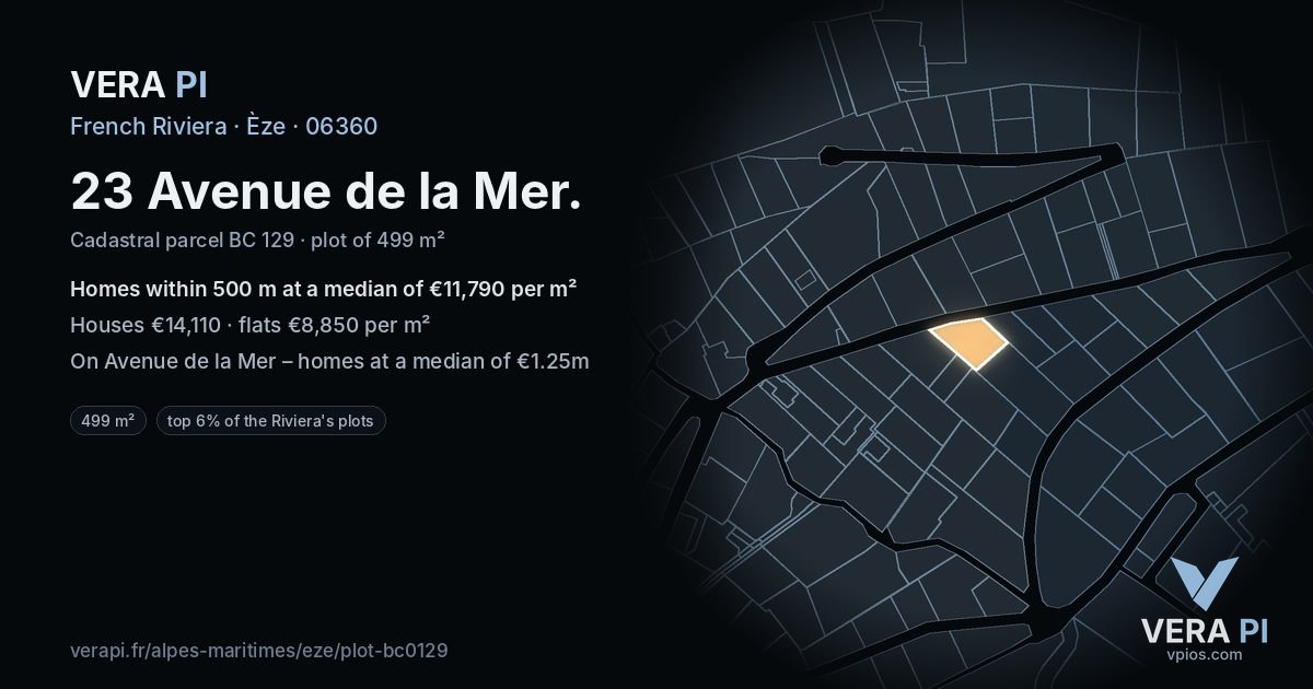 23 Avenue de la Mer, Èze at night – the plot lit, the parcels around coloured by the prices near them