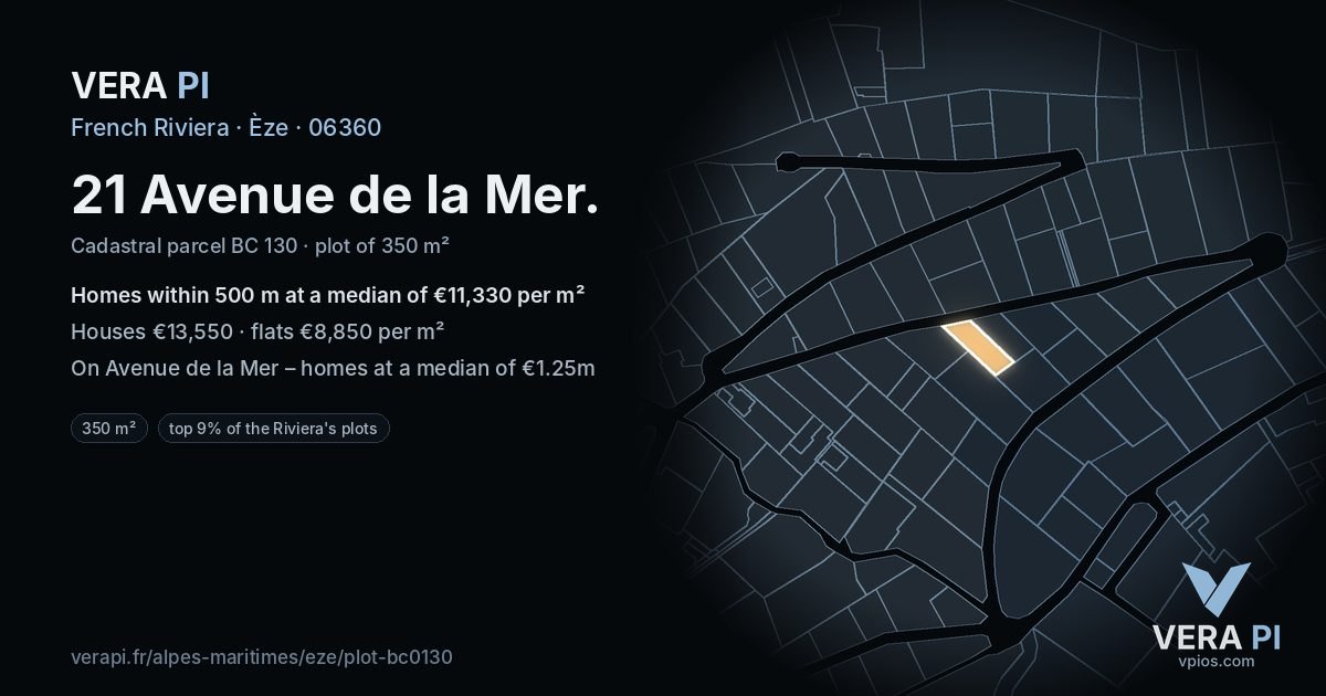 21 Avenue de la Mer, Èze at night – the plot lit, the parcels around coloured by the prices near them