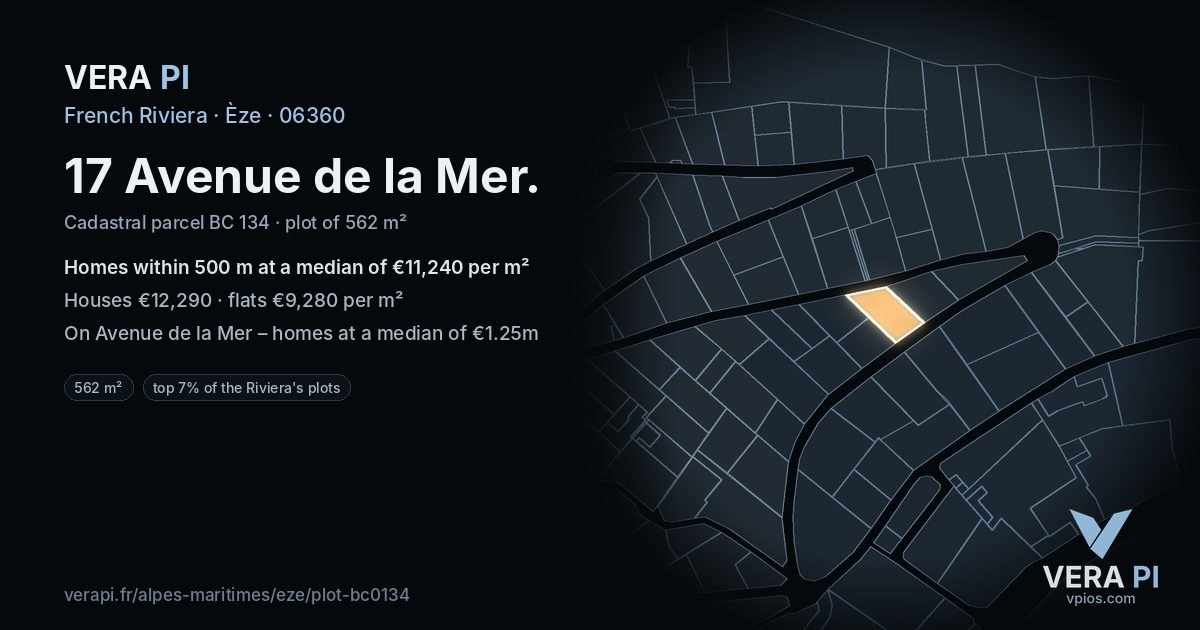 17 Avenue de la Mer, Èze at night – the plot lit, the parcels around coloured by the prices near them