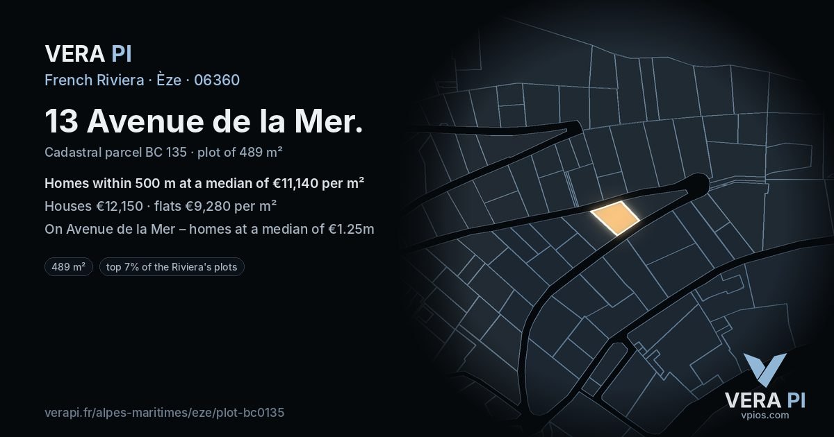 13 Avenue de la Mer, Èze at night – the plot lit, the parcels around coloured by the prices near them