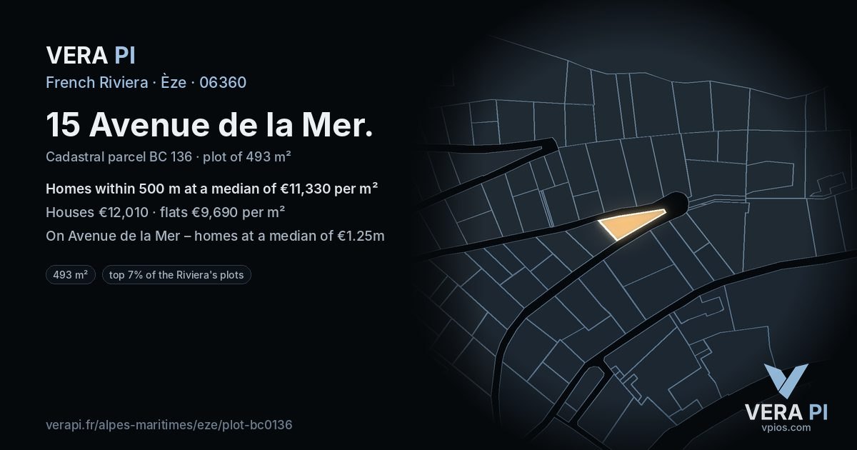 15 Avenue de la Mer, Èze at night – the plot lit, the parcels around coloured by the prices near them