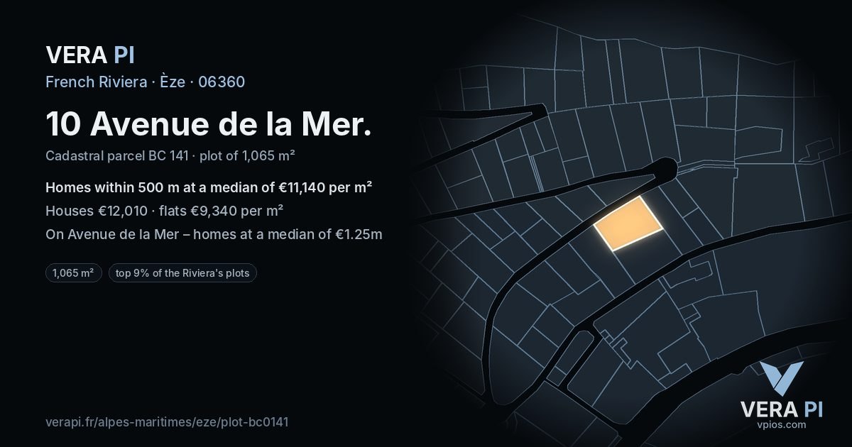 10 Avenue de la Mer, Èze at night – the plot lit, the parcels around coloured by the prices near them
