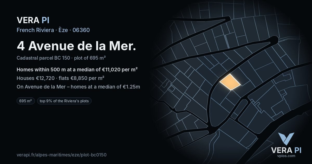 4 Avenue de la Mer, Èze at night – the plot lit, the parcels around coloured by the prices near them