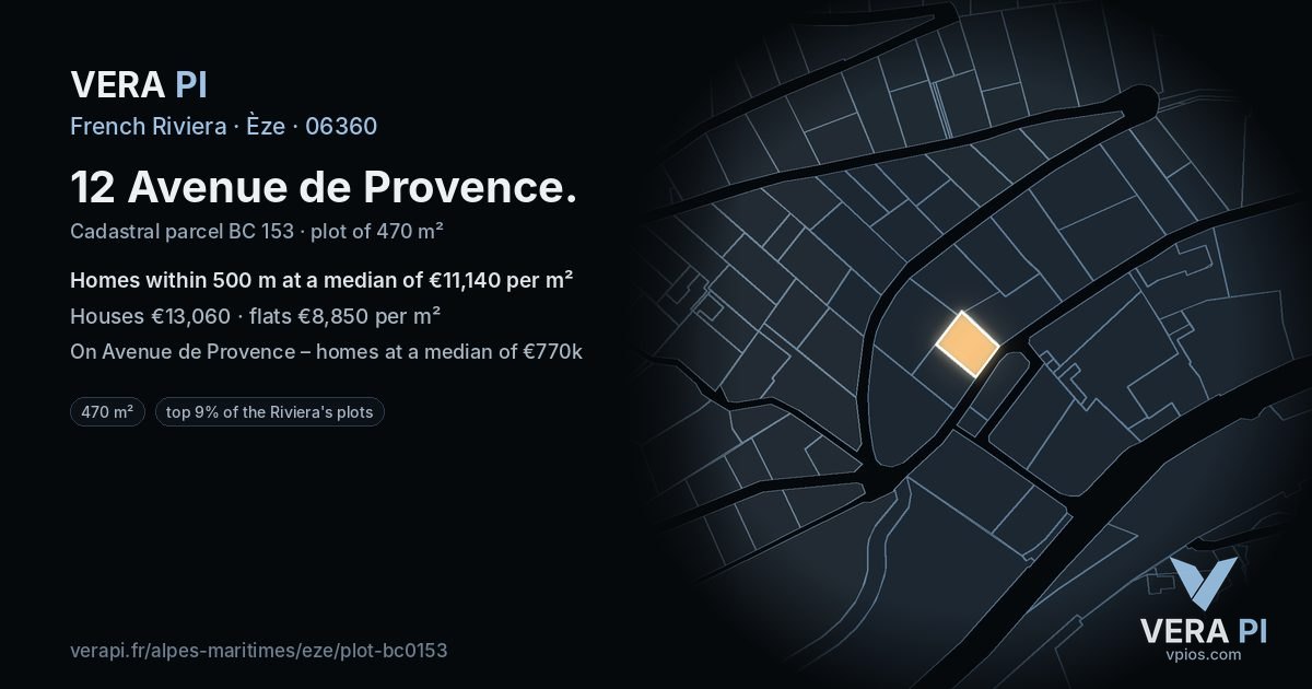 12 Avenue de Provence, Èze at night – the plot lit, the parcels around coloured by the prices near them