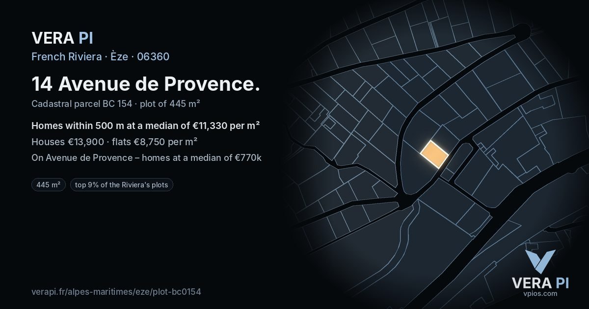 14 Avenue de Provence, Èze at night – the plot lit, the parcels around coloured by the prices near them