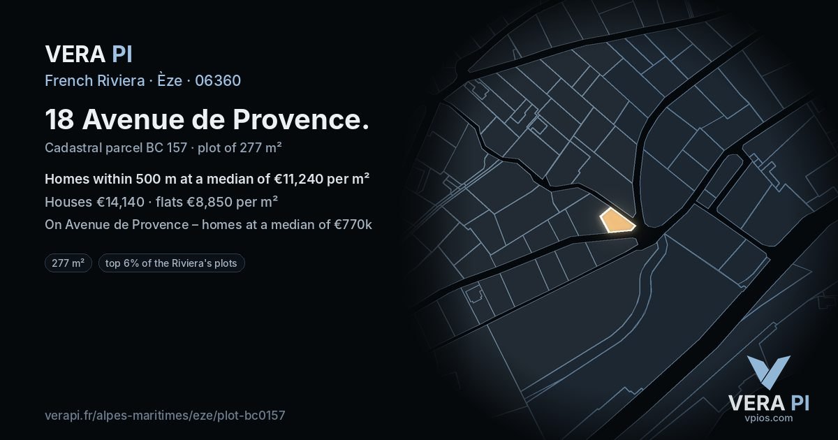 18 Avenue de Provence, Èze at night – the plot lit, the parcels around coloured by the prices near them