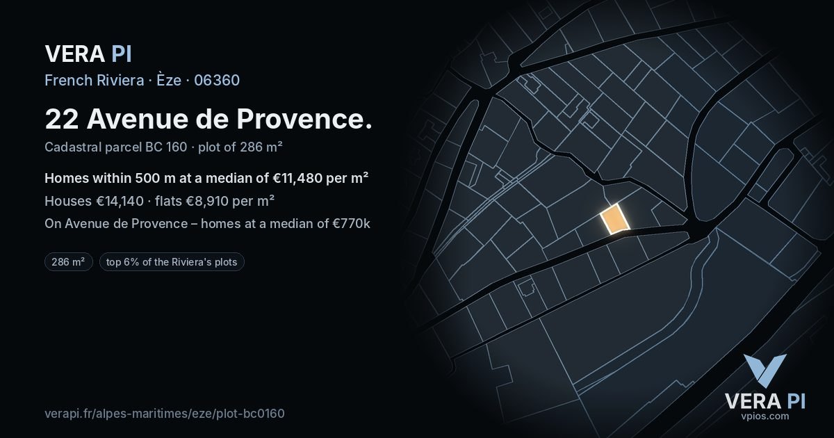 22 Avenue de Provence, Èze at night – the plot lit, the parcels around coloured by the prices near them