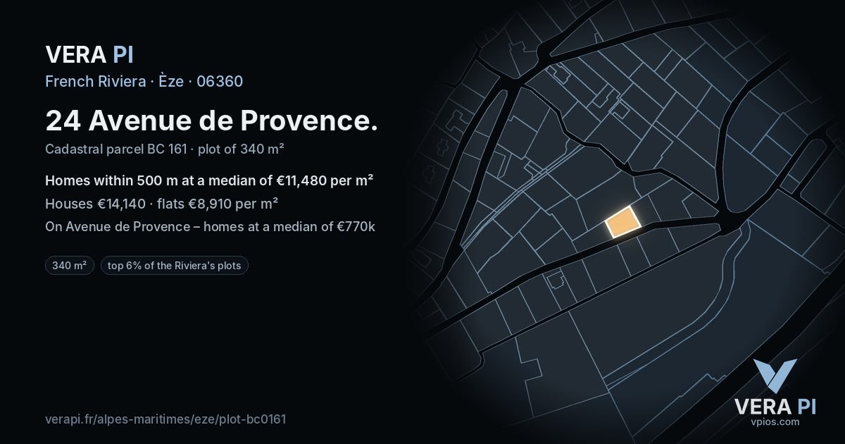 24 Avenue de Provence, Èze at night – the plot lit, the parcels around coloured by the prices near them
