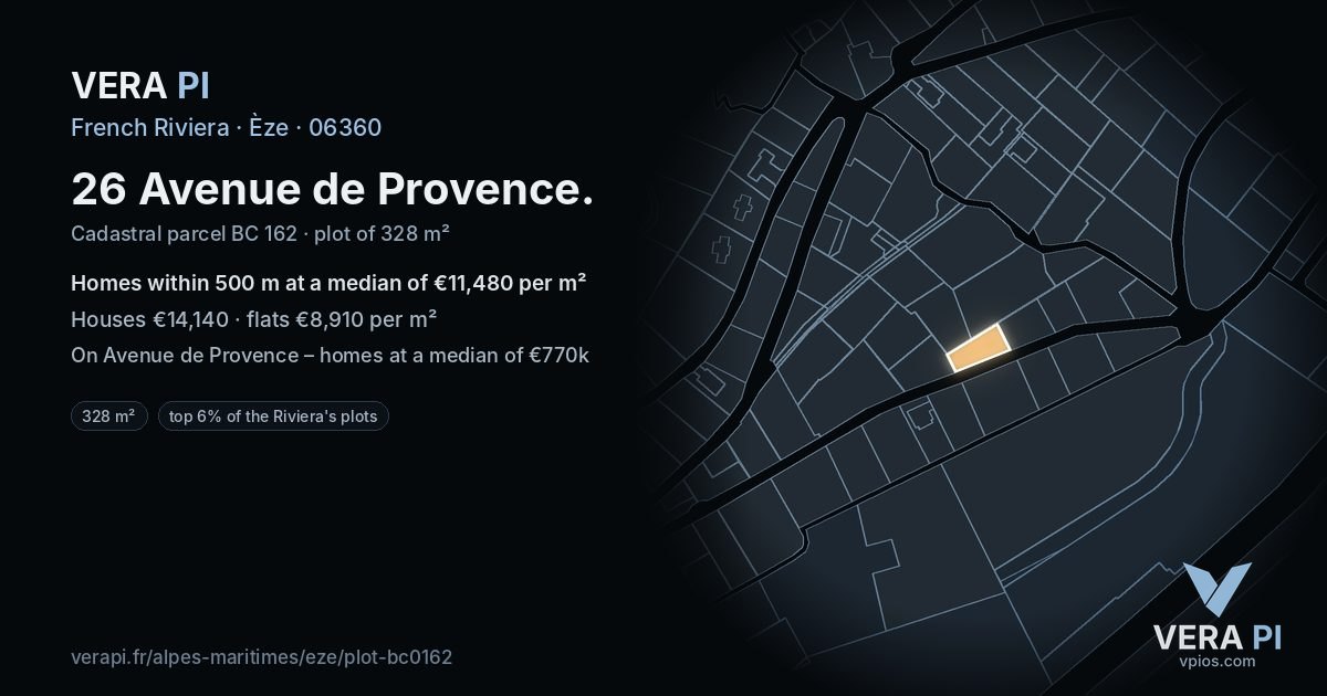 26 Avenue de Provence, Èze at night – the plot lit, the parcels around coloured by the prices near them