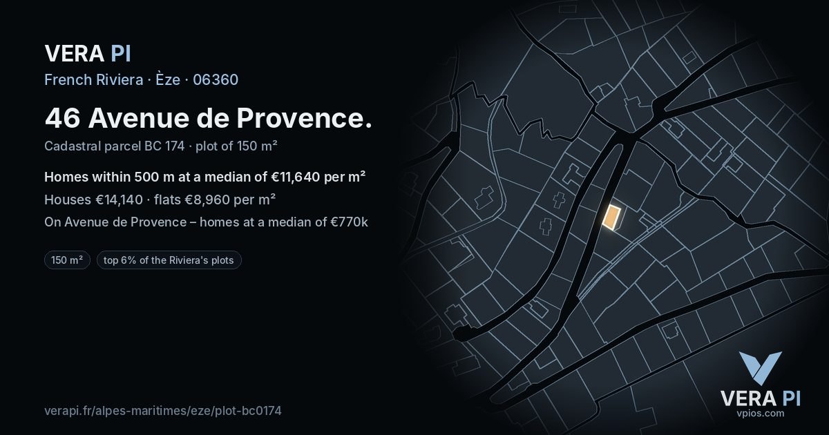 46 Avenue de Provence, Èze at night – the plot lit, the parcels around coloured by the prices near them