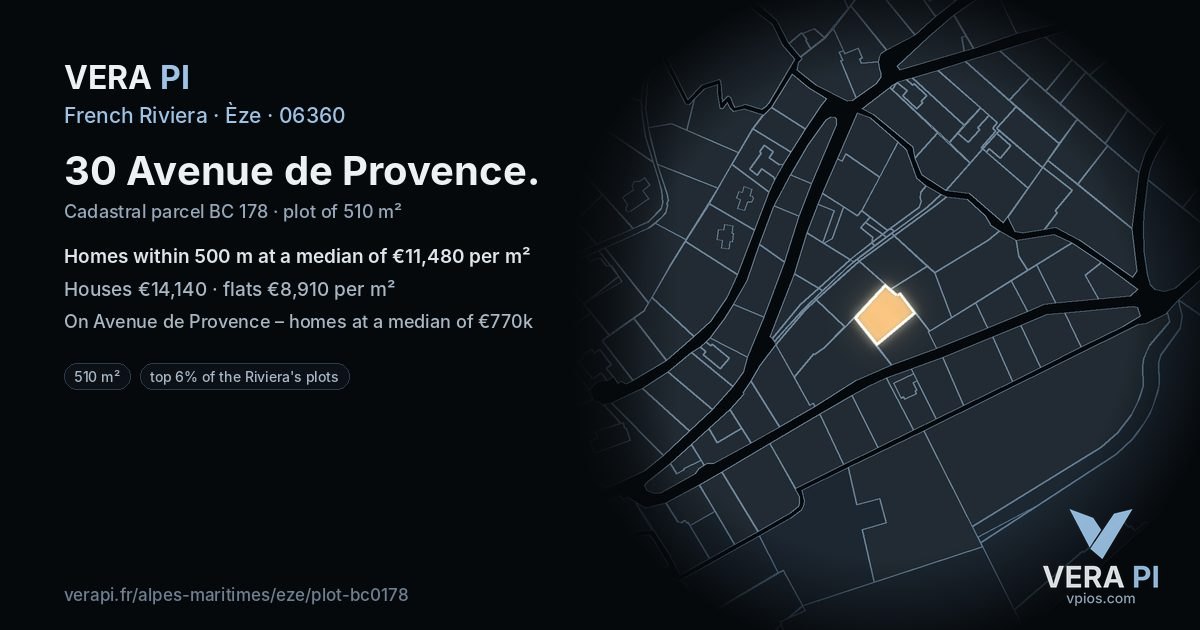 30 Avenue de Provence, Èze at night – the plot lit, the parcels around coloured by the prices near them