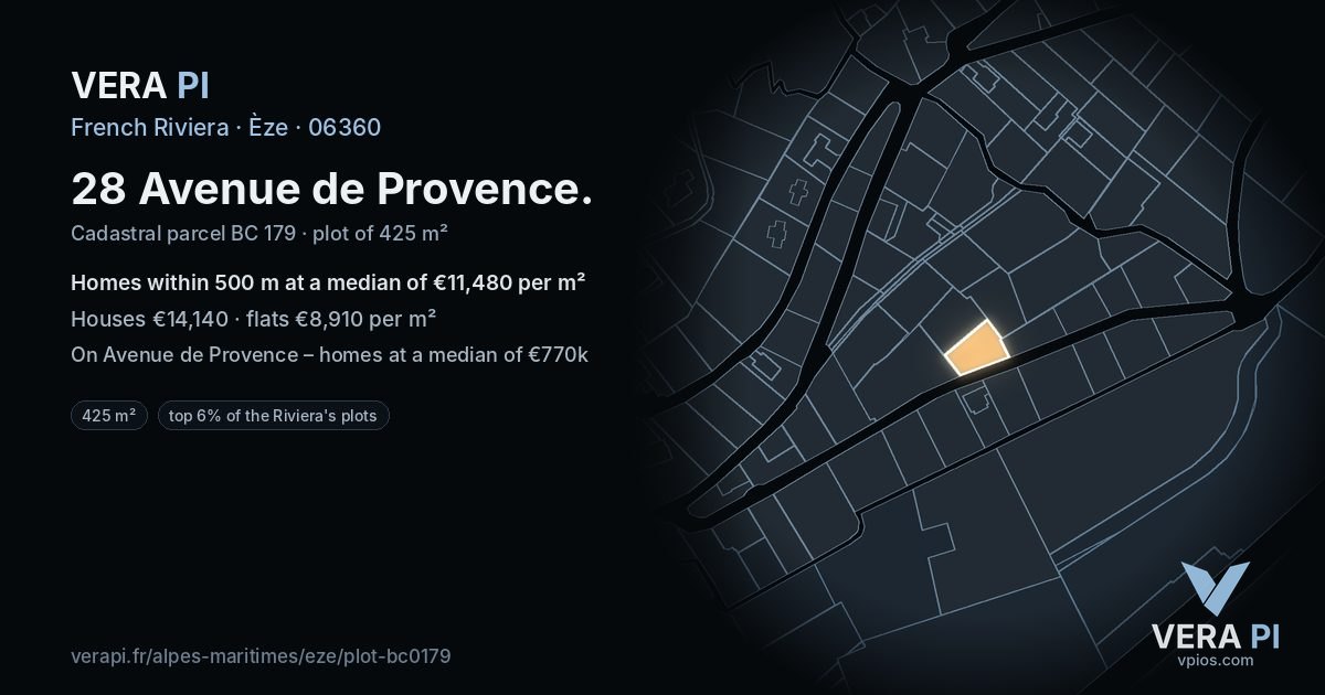 28 Avenue de Provence, Èze at night – the plot lit, the parcels around coloured by the prices near them