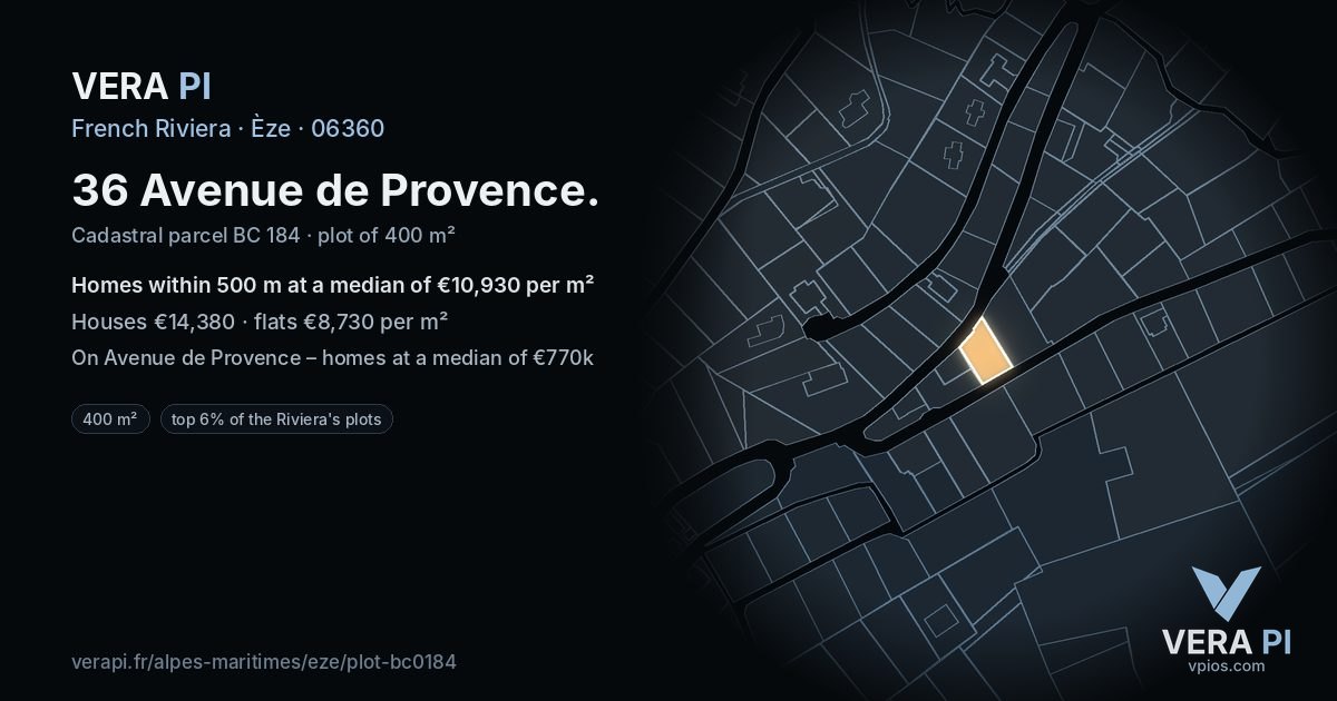 36 Avenue de Provence, Èze at night – the plot lit, the parcels around coloured by the prices near them