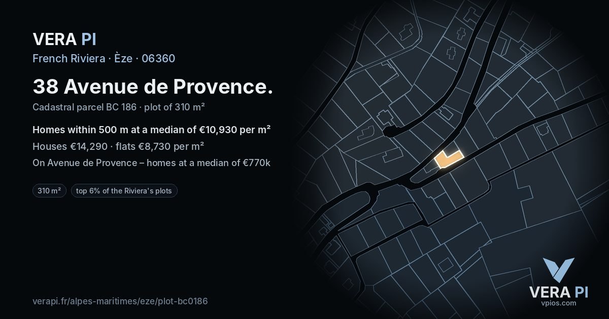 38 Avenue de Provence, Èze at night – the plot lit, the parcels around coloured by the prices near them