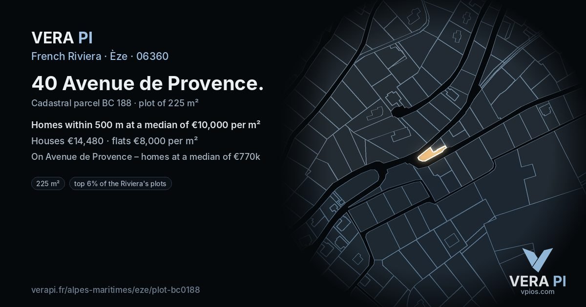 40 Avenue de Provence, Èze at night – the plot lit, the parcels around coloured by the prices near them