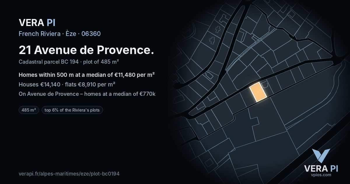 21 Avenue de Provence, Èze at night – the plot lit, the parcels around coloured by the prices near them