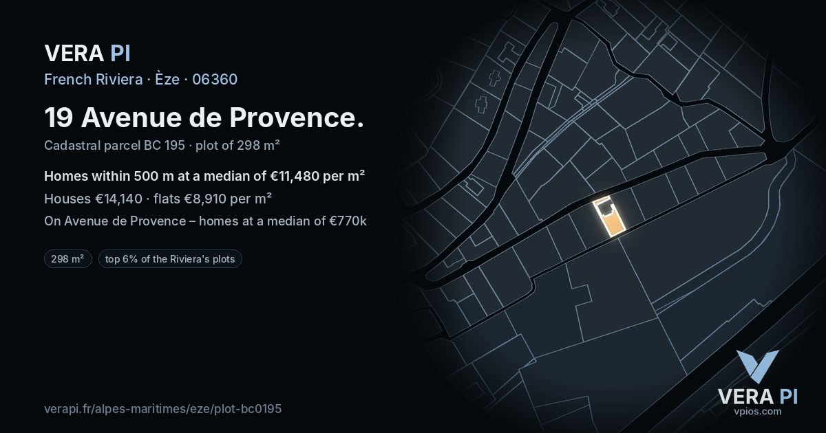 19 Avenue de Provence, Èze at night – the plot lit, the parcels around coloured by the prices near them