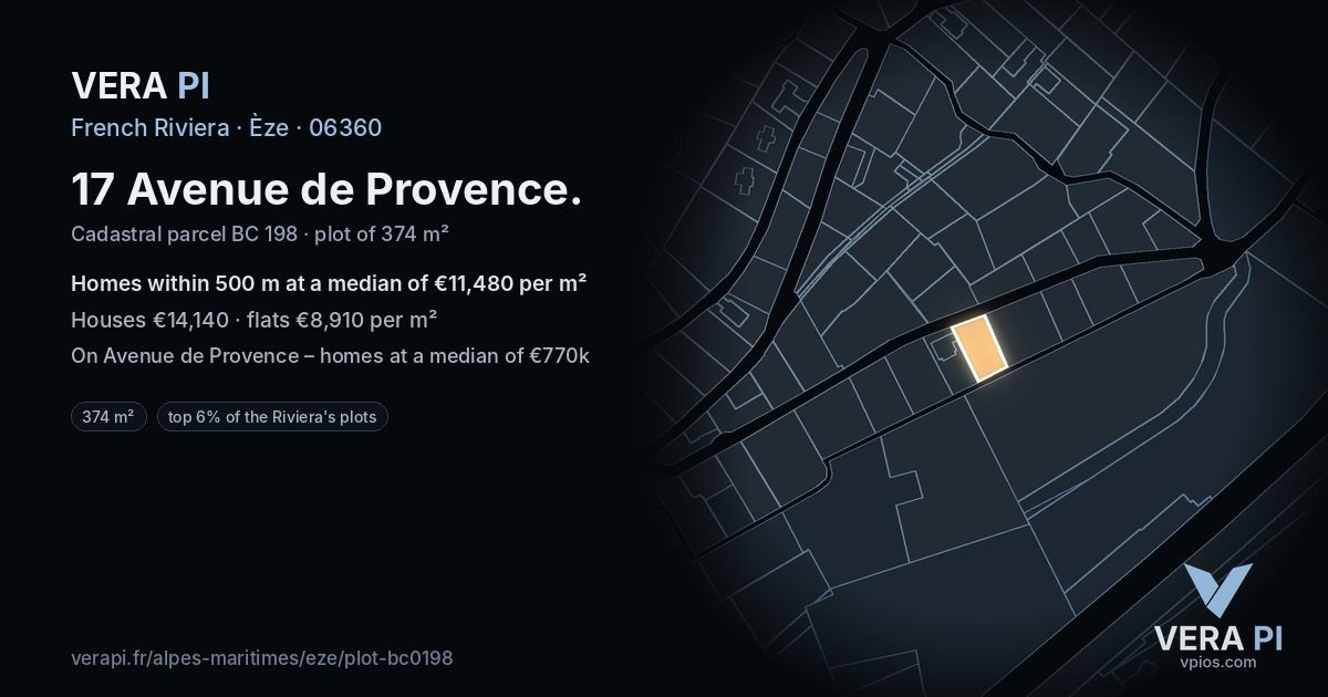 17 Avenue de Provence, Èze at night – the plot lit, the parcels around coloured by the prices near them