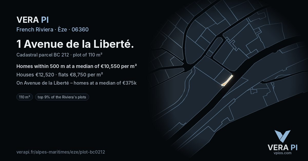 1 Avenue de la Liberté, Èze at night – the plot lit, the parcels around coloured by the prices near them