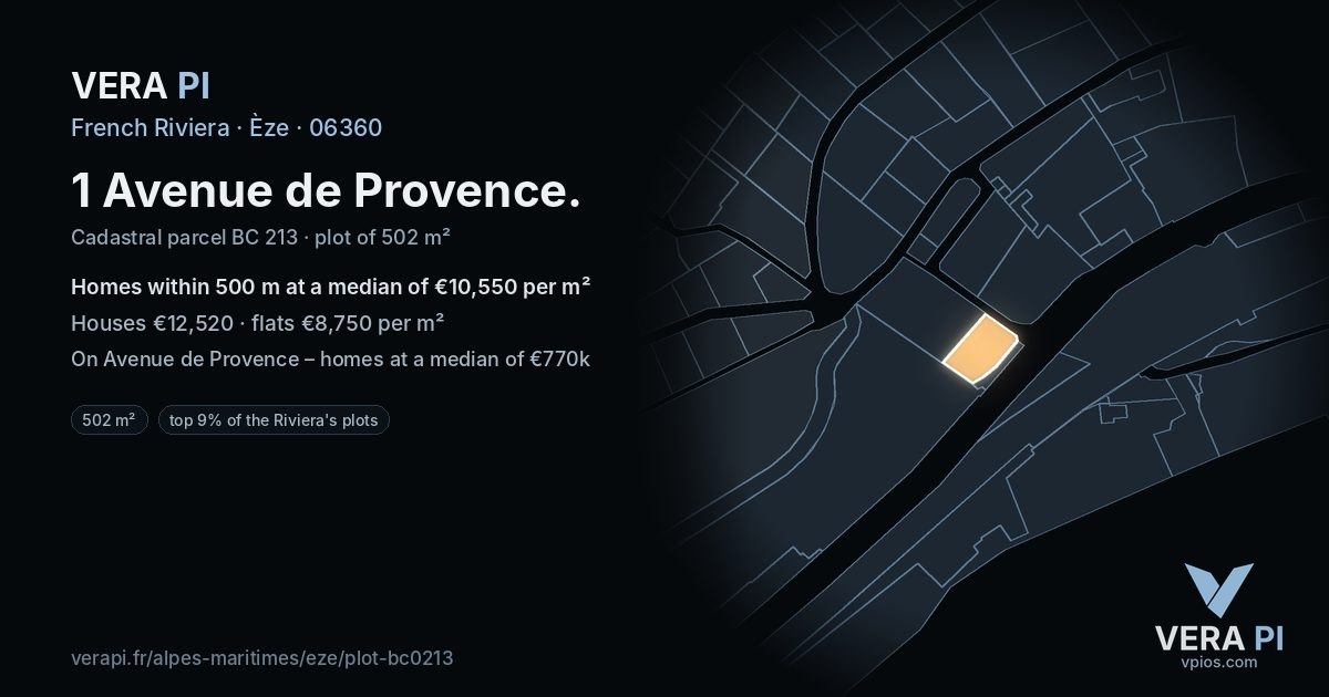1 Avenue de Provence, Èze at night – the plot lit, the parcels around coloured by the prices near them